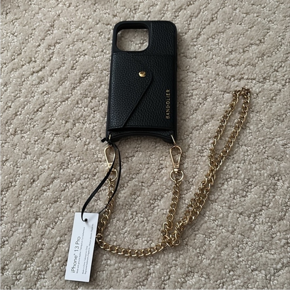 Bandolier Black Leather Case with Gold Accents.  Donna Case for iPhone 13 pro